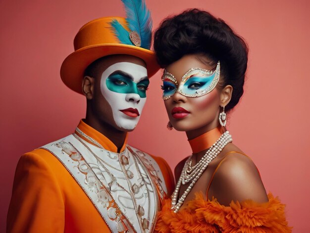 Paar make-up carnaval poseren voor een foto op oranje achtergrond