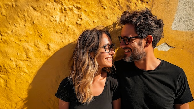 Paar man en vrouw met zwarte kleren en bril op een gele achtergrond