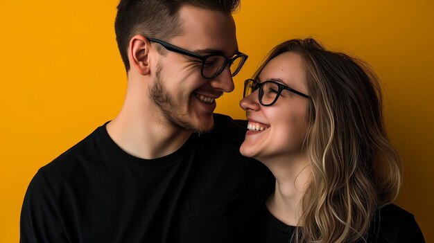 Foto paar man en vrouw met zwarte kleren en bril op een gele achtergrond