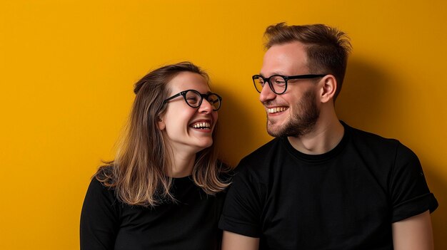 Foto paar man en vrouw met zwarte kleren en bril op een gele achtergrond