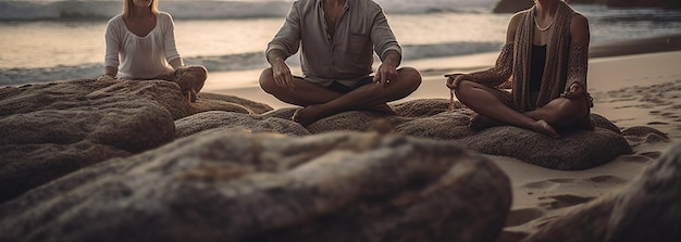 Paar mediteren op het strand bij zonsondergang Man en vrouw zitten in lotushouding generatieve ai