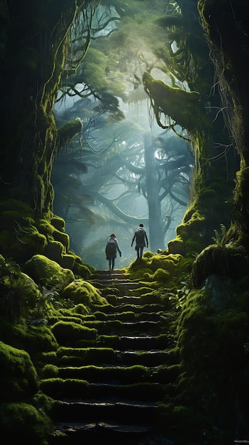 paar mensen lopen set trappen bos verbazingwekkende prachtige vallei reis buitenste werelden weg hoge bomen