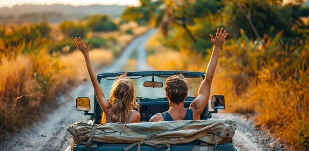 Paar met armen omhoog in een cabriolet op een landelijke weg bij zonsondergang