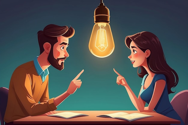 Paar met een idee Man en vrouw hebben een oplossing Volwassen man en vrouw opgelost probleem of ideeën lamp metafoor