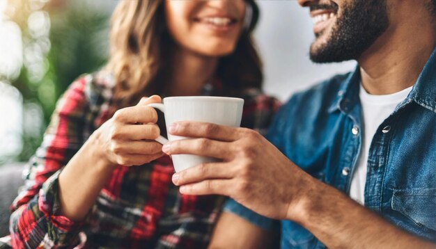 Paar met koffie handen verweven delen warmte en verbinding in het comfort van thuis