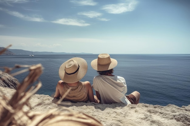 Paar met strohoeden die uitkijken over het strand Generatieve AI