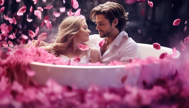 Paar ontspannen in de jacuzzi met rozenblaadjes Valentijnsdag concept