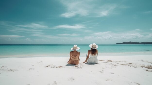 Paar ontspannen op het strand genieten van de prachtige zee met generatieve AI