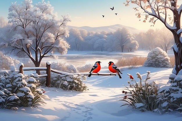 Foto paar op een date in het winterpark landschap met natuur en planten struiken takken met bullfinch