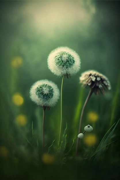 Paar paardebloemen die bovenop een weelderig groen gebied generatieve ai zitten