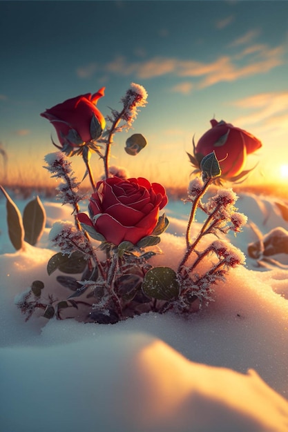 Paar rode rozen die bovenop een besneeuwd veld generatieve ai zitten