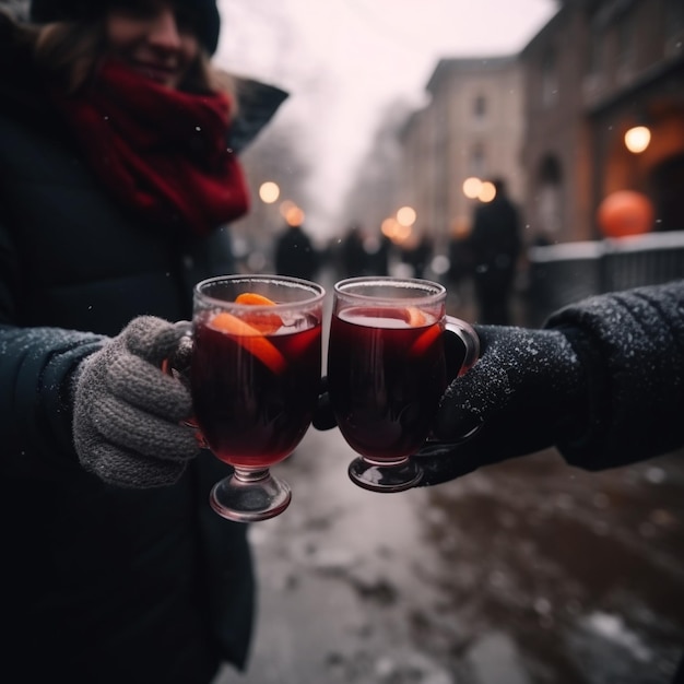 Paar roosteren met glühwein buitenshuis Twee mensen vieren wintervakantie met cocktails