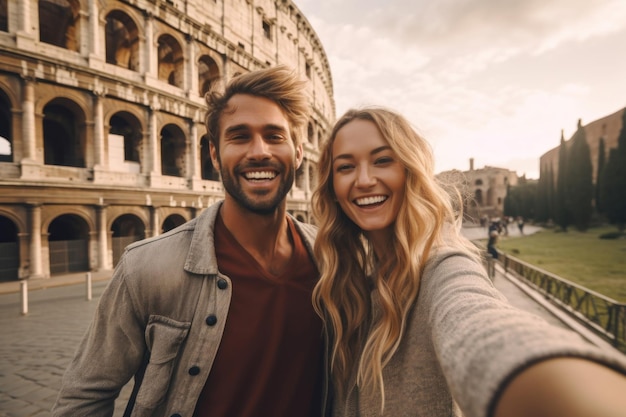 Paar selfie maken op camera tegen Colosseum Rome Italië Generatieve AI