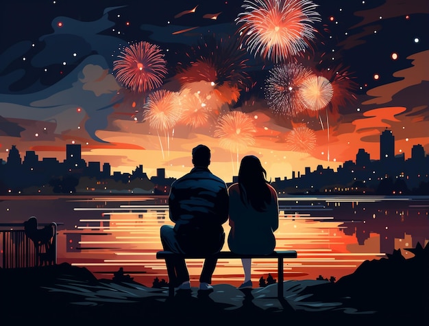 Paar silhouet knuffelen en genieten van het kijken naar vuurwerk show in de stad