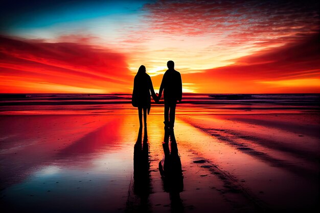 Paar silhouetten op het strand bij zonsondergang generatieve ai generatieve ai