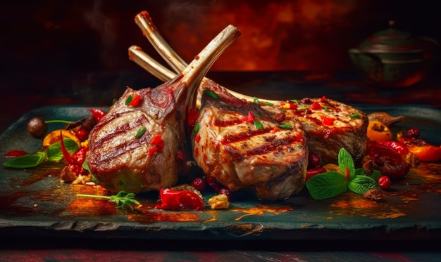 Paar steaks bovenop snijplank naast mes Generatieve AI