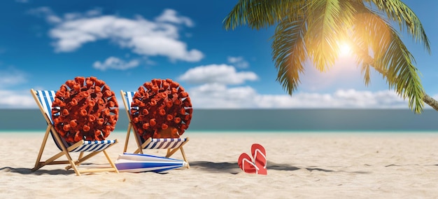 Paar strandstoelen met Coronavirus coronavirus covid-19 epidemie op zandstrand met palmboom, slippers, parasol in de zomer in zonlicht