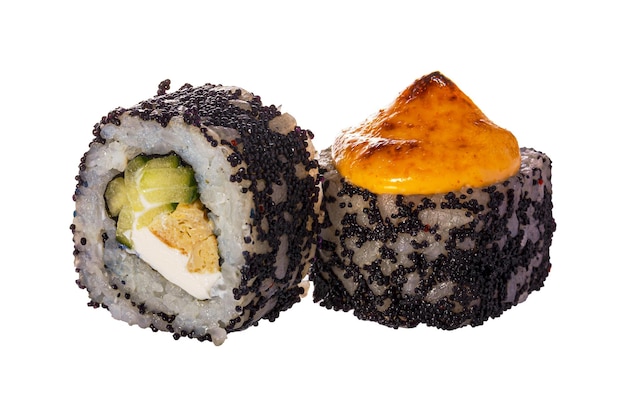 Paar Sushi roll op de witte achtergrond Close-up van heerlijk Japans eten met sushi roll