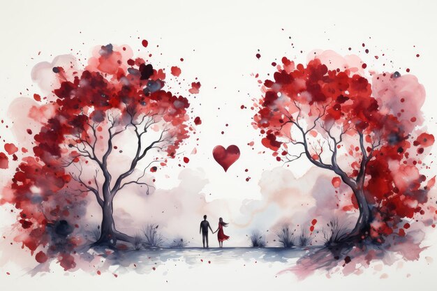 Paar verliefd hand in hand en wandelen door een park met bloeiende bomen bruiloft uitnodiging