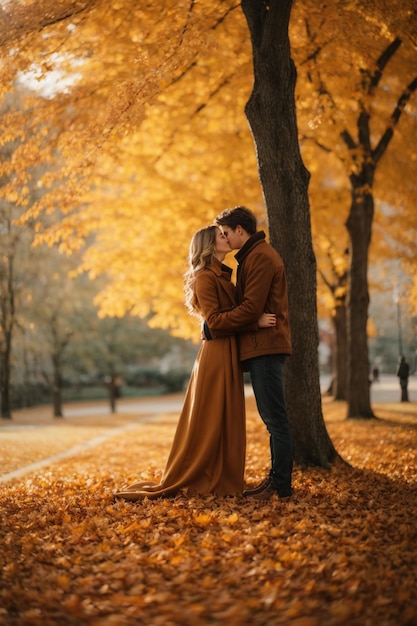 Paar verliefd zoenen in het herfstpark Liefde concept