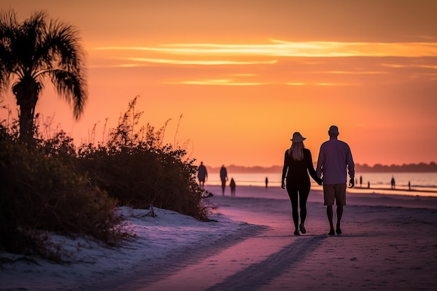 Paar verliefde mensen die op het strand lopen bij de zonsondergang van de oranje zonhemel Generatieve AI