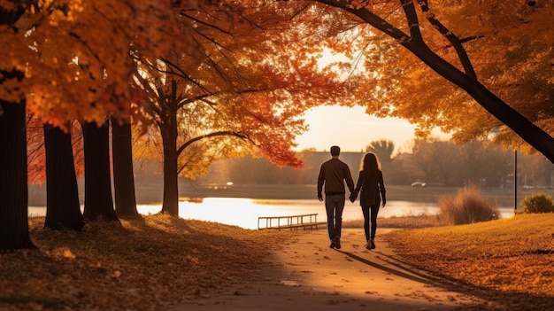 Paar wandelen in park met herfstbladeren