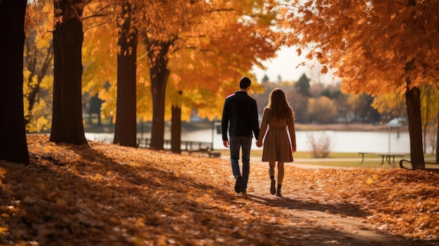 Paar wandelen in park met herfstbladeren