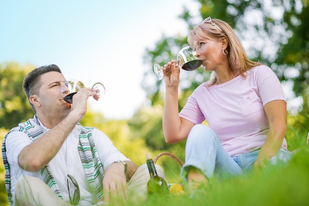 Paar wijn drinken in het park