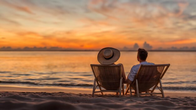 Paar zit op strandstoelen terwijl de zon ondergaat over de oceaan kopieer ruimte Generatieve AI