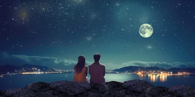 Paar zittend op een rots kijkend naar de maan