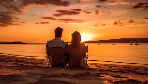 Paar zittend op stoelen op het strand kijken naar de zonsondergang