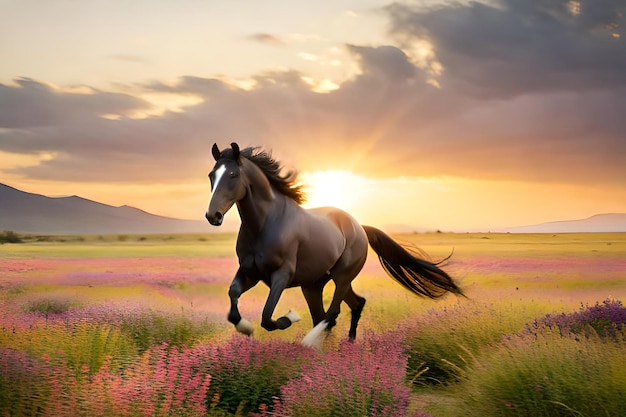 Paard dat in een veld loopt bij zonsondergang