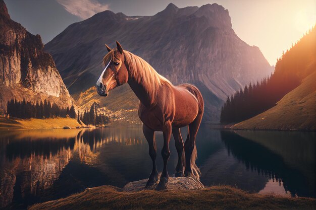 Paard dichtbij bergmeer AI Gegenereerd