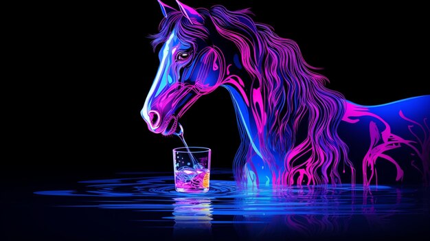 Paard dier drinkwater Neonlicht AI Gegenereerde afbeeldingen