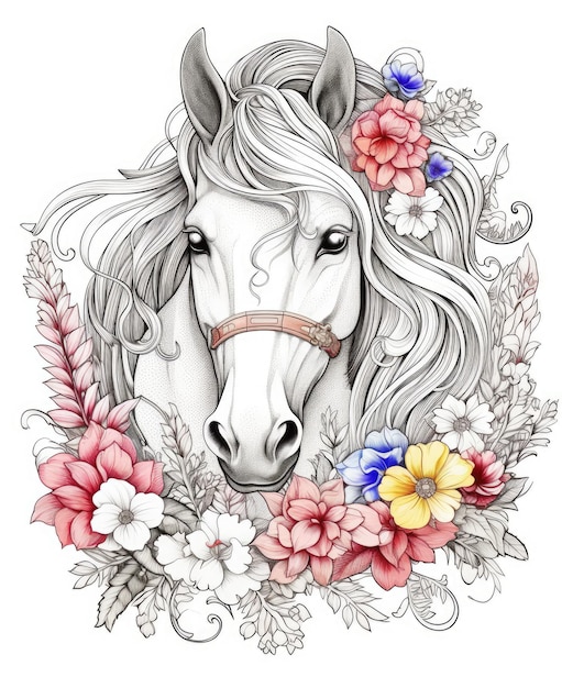 Paard en bloemen kleurplaat voor het volwassen kleurboek