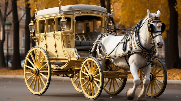 Paard en mooie vintage koets met grote gele wielen geïsoleerd op wit