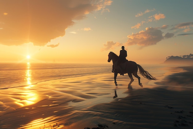 Paard en ruiter galopperen langs een verlaten strand.