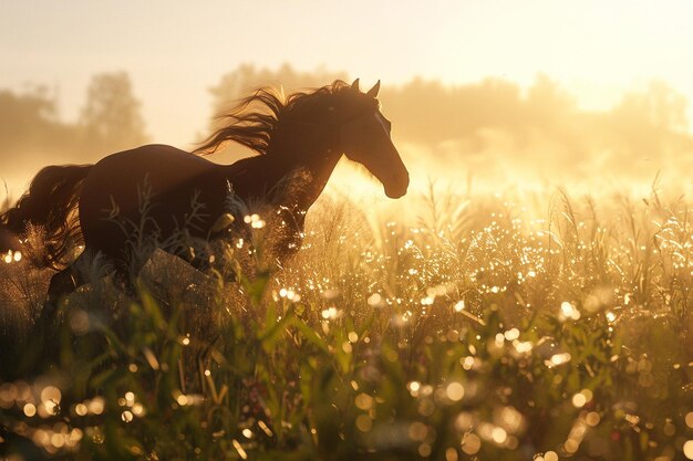 Paard galoppeert vrij door een zonnelichte weide oct