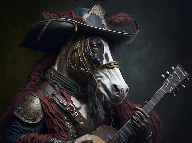 Paard gekleed als een piraat met een gitaar gegenereerd door AI