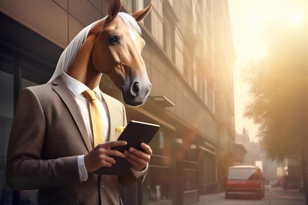 paard humanoïde in Business Suit met mobiele telefoon in de stad achtergrond AI generatieve