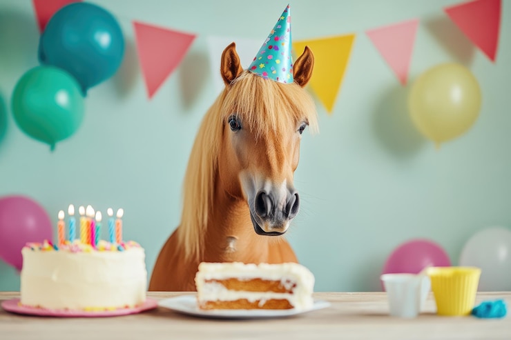 Foto paard in een feest hoed zit voor de taart met aangestoken kaarsen feest felicitaties verjaardag kaart