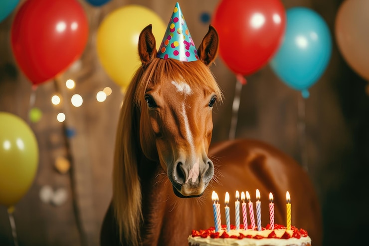 Foto paard in een feest hoed zit voor de taart met aangestoken kaarsen feest felicitaties verjaardag kaart