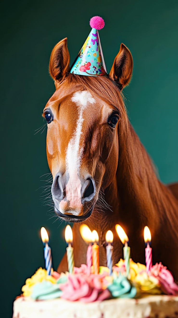 Foto paard in een feest hoed zit voor de taart met aangestoken kaarsen feest felicitaties verjaardag kaart