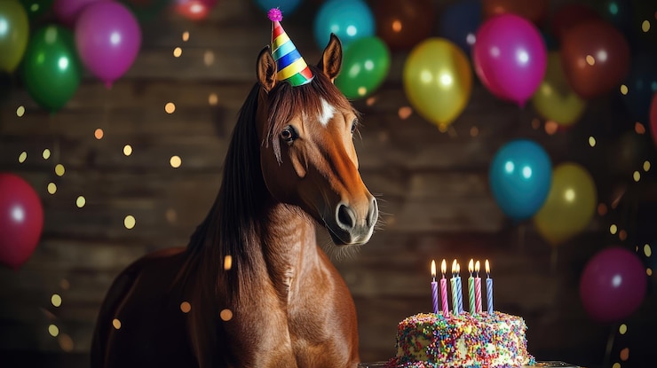 Foto paard in een feest hoed zit voor de taart met aangestoken kaarsen feest felicitaties verjaardag kaart