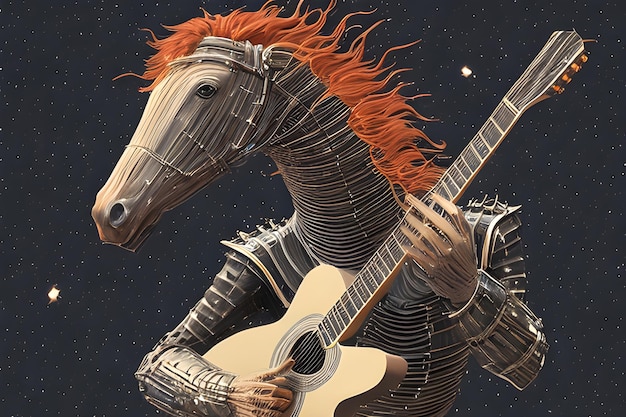 Paard met elektrische gitaar in actie ai generatieve kunst