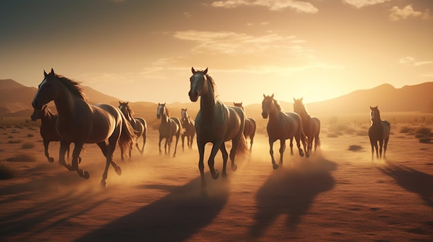 Paard op het strand bij zonsondergang met weerspiegeling in watergeneratieve ai