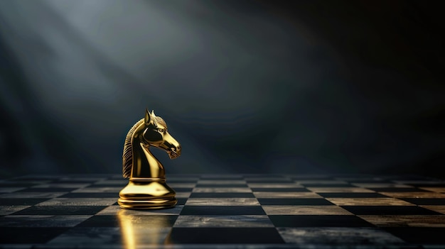 Foto paard schaakstuk op een schaakbord in gouden kleur
