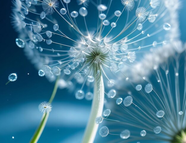 Paardebloem bloem met waterdruppels op blauwe achtergrond close-up