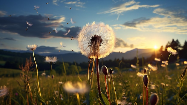 Foto paardebloem in de weide bij zonsondergang