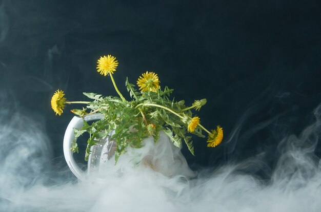 Paardebloem met wortels en bladeren in een glazen theepot op een donkere in rook